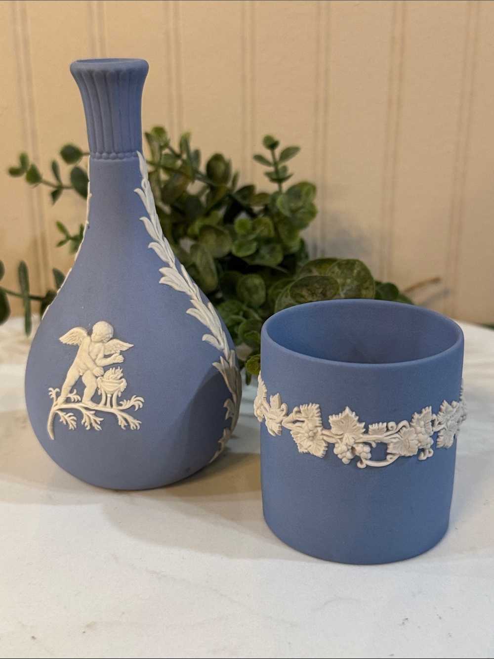 Set of 2 Vtg Jasperware Wedgewood Bud Vase Cherub and Toothpick Cigarette Holder